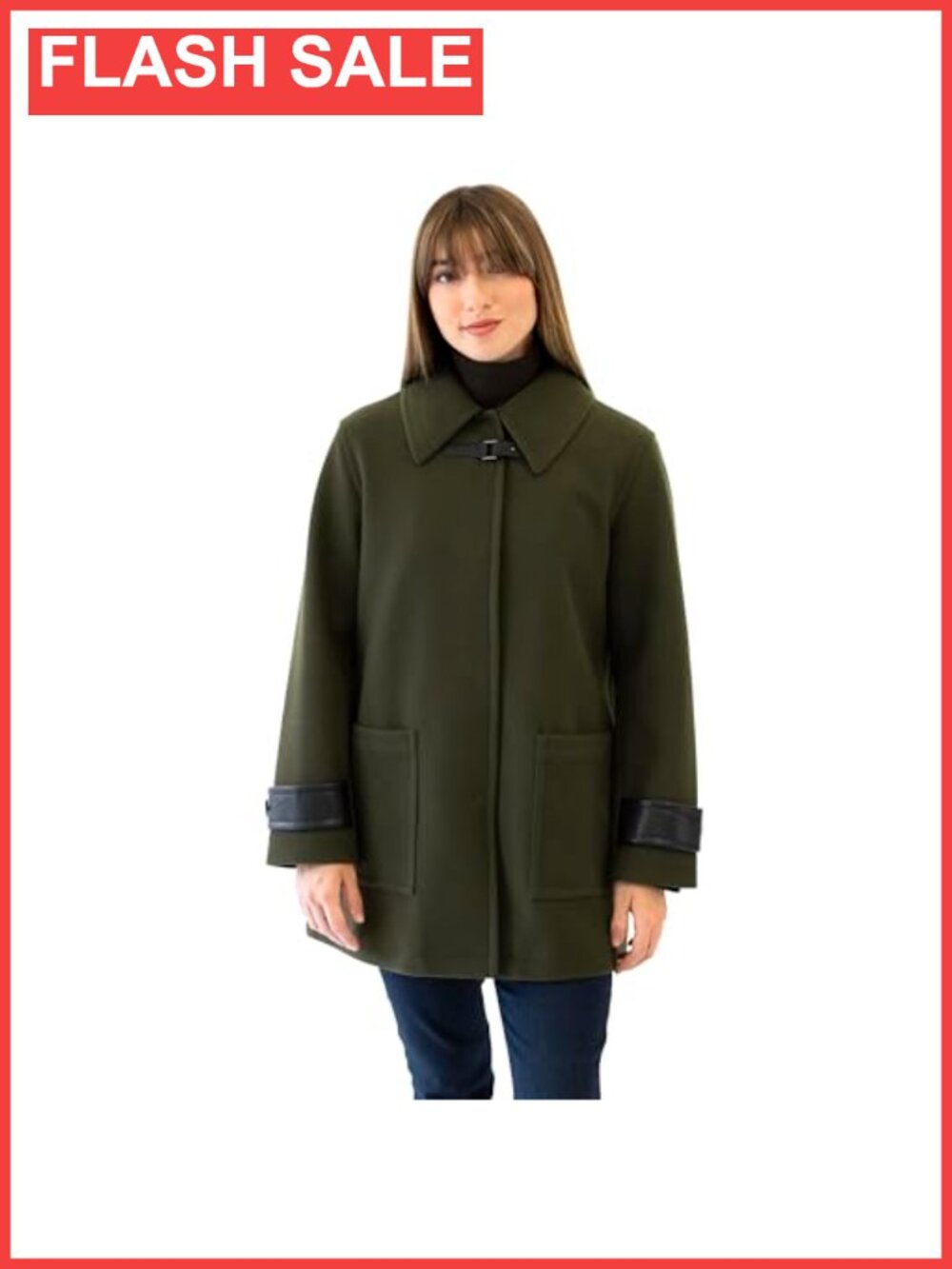 Faux Wool Mid-Length Coat Button-Front Buckle Collar Faux Leather Trim